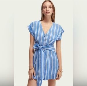Scotch And Soda 100% Linen Wrap Button Down Tie Dress Striped V Neck Size Large